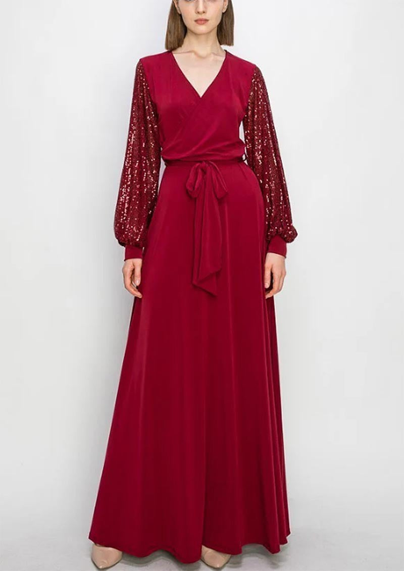 MAOXIANGSHOP 2025 spring and summer new product fashion V-neck lace-up sequined 2025 dress mid-waist lantern sleeve long evening dress