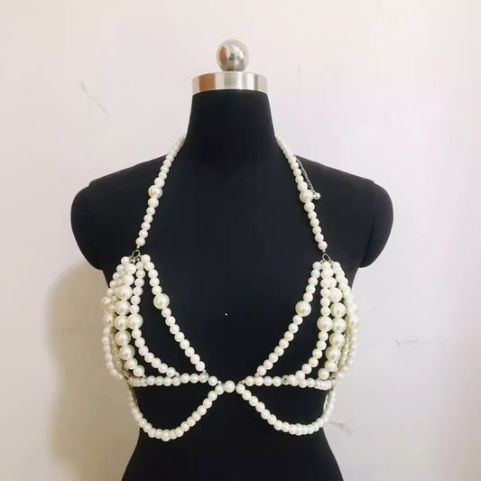 2025 XH10004  New pearl combination of different sizes fashionable neck halter chest chain body chain small vest
