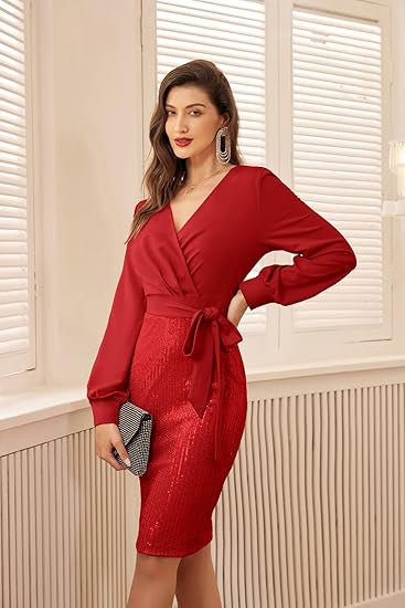 MAOXIANGSHOP 2025 new women's double spell, women's sequined party cocktail party tight glitter dress long sleeve evening dress