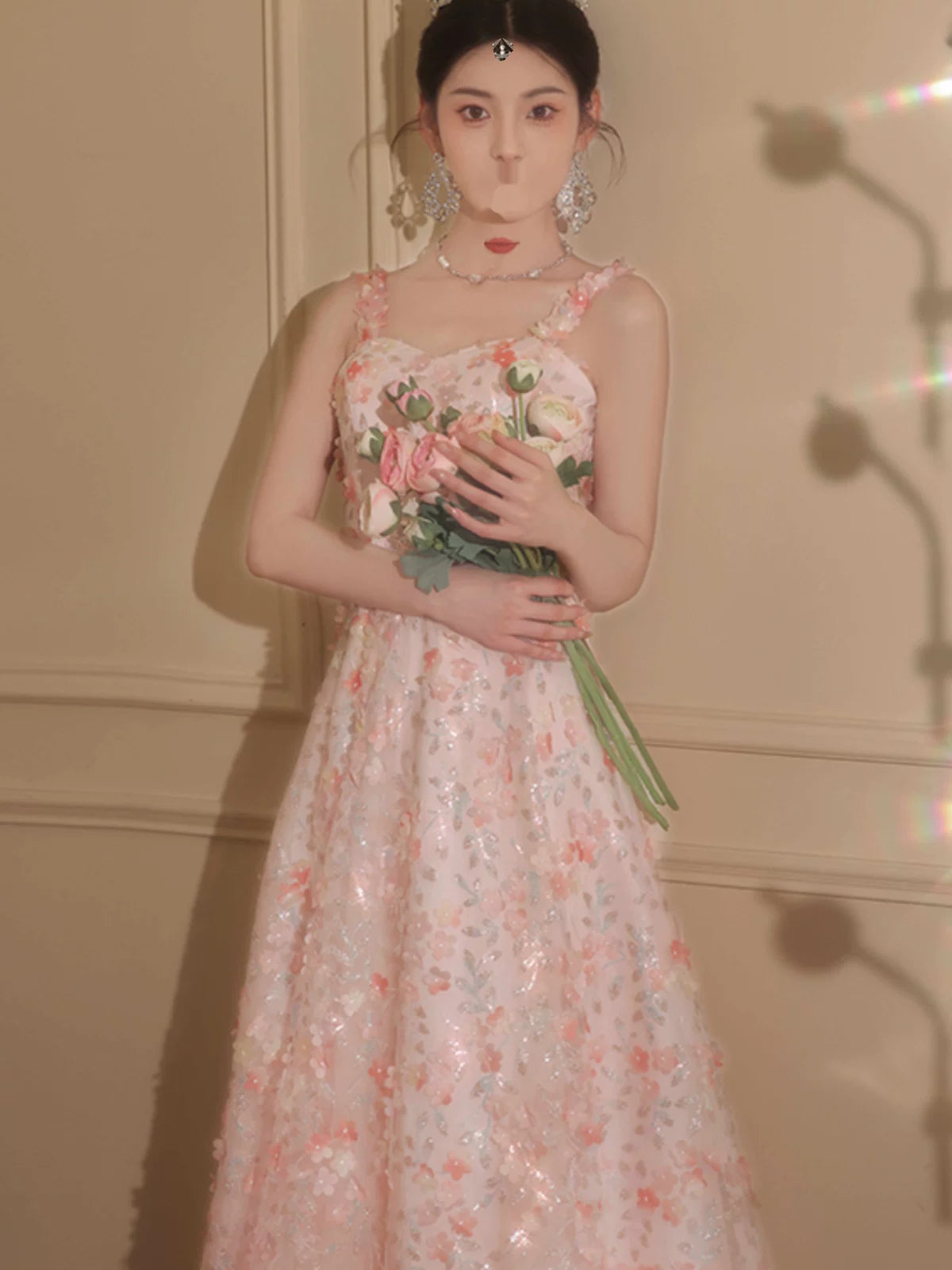 Pink banquet evening dress skirt women's high-end light luxury niche high-end temperament art test host sling thin autumn