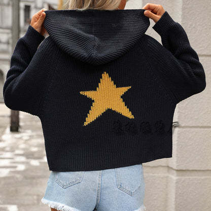 MAOXIANGSHOP New autumn and winter  pullover hooded knitted sweater pocket long sleeve pentagram temperament commuter knitted sweater women