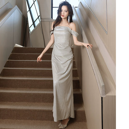 Evening dress women's  new banquet temperament high-end long suspender host dress socialite looking thin autumn