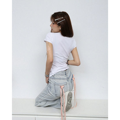 Paper Man Simple Versatile T-Shirt Summer popular New Crew Neck Front Shoulder Elastic Short Sleeve Top Women