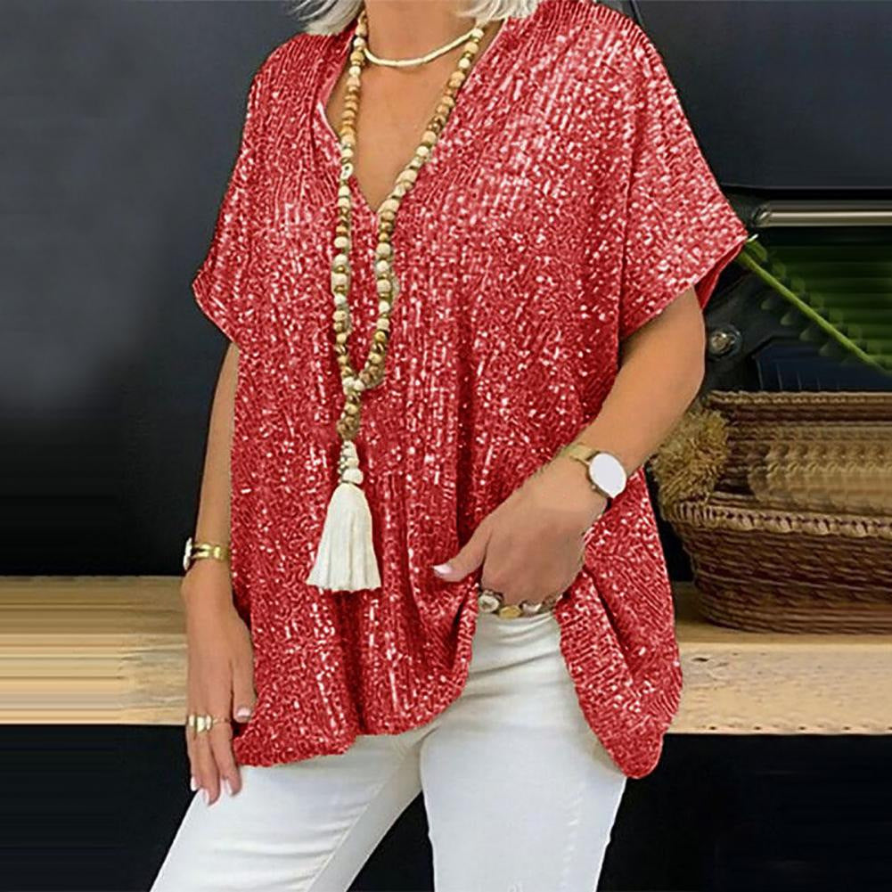 MAOXIANGSHOP 2023 2025 new independent station 2025 new loose sequin V-neck short-sleeved casual sequin deep V shirt
