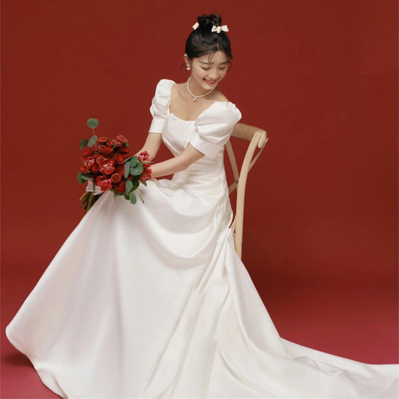 2025 Satin light wedding dress Mori bride going out yarn temperament thin light yarn small trailing white dress welcome yarn wholesale