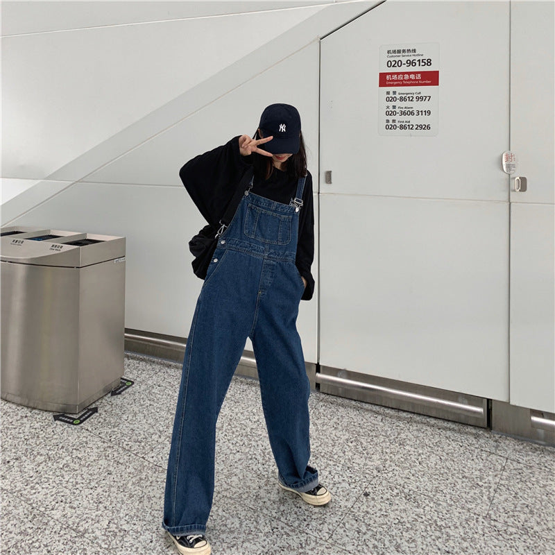 maoxiangshop pumpkin patch outfit Korean Style Denim Suspender Pants for Women 2024 Spring and Autumn New Loose High Waist Straight Wide Leg Draping Mop One-Piece Trousers
