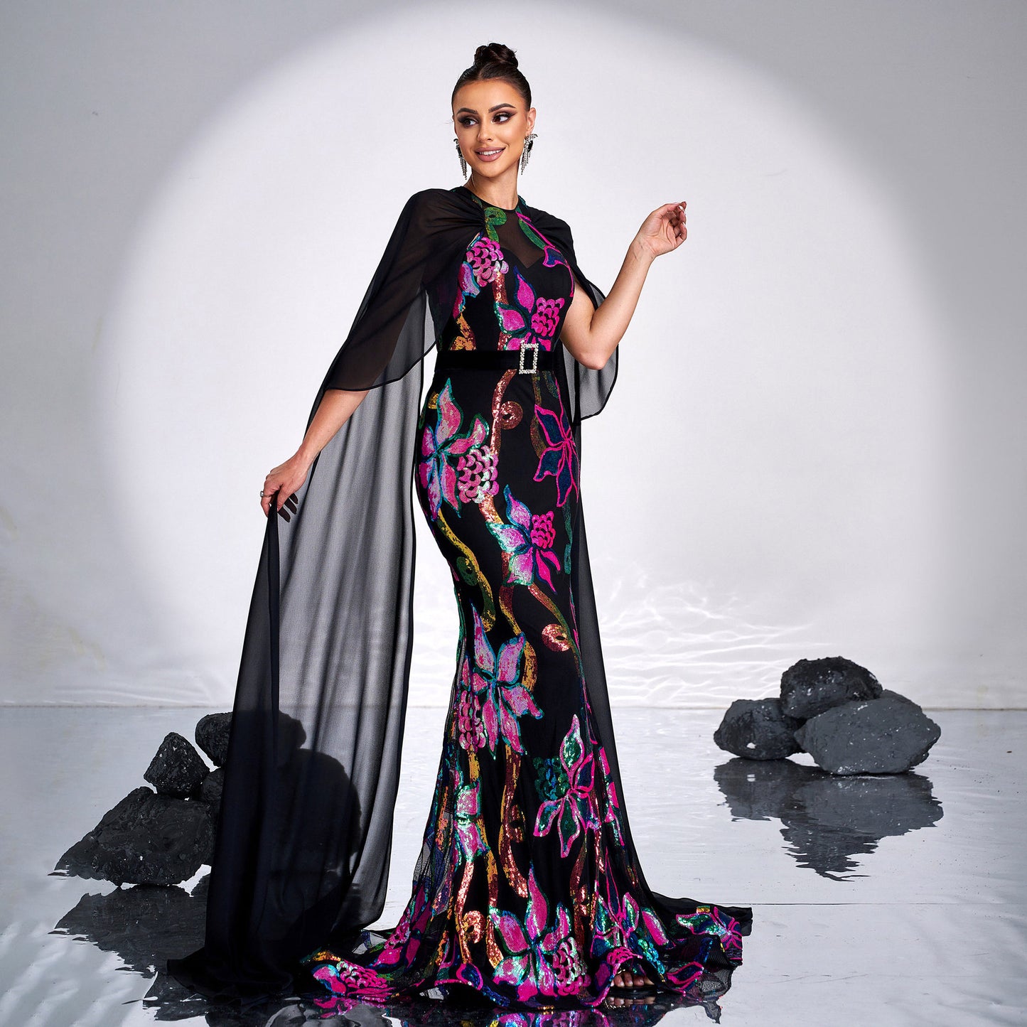 2025 women's clothing super long-sleeved crew neck sexy long sequined banquet fishtail evening dress bridesmaid dress dress