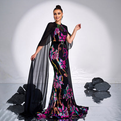 2025 women's clothing super long-sleeved crew neck sexy long sequined banquet fishtail evening dress bridesmaid dress dress