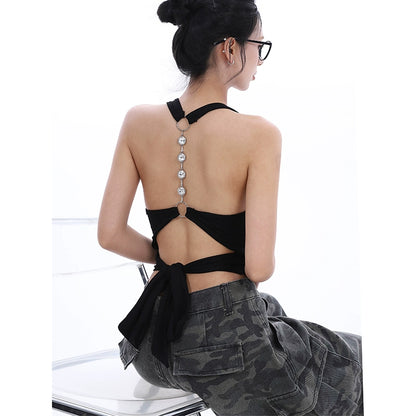 Sexy Pure Backless Short Spice Girl Design Sense Beautiful Back Neck Wear Sleeveless Neck Strap Top