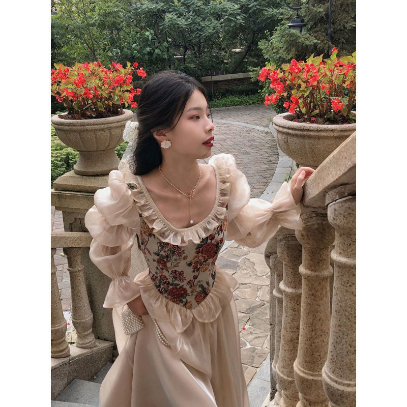 maoxiangshop cybergoth dress to impress Fall 2024 New French Retro Court Style round Neck Bubble Long Sleeve Princess Dress Fairy Dress for Women