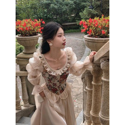 maoxiangshop cybergoth dress to impress Fall 2024 New French Retro Court Style round Neck Bubble Long Sleeve Princess Dress Fairy Dress for Women