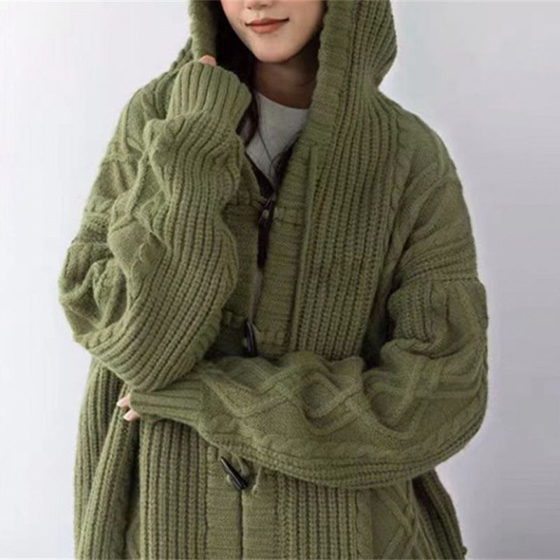 maoxiangshop-shop outfit inspo Retro Green Horn Buckle Twist Sweater Coat for Women Spring and Autumn Loose Lazy Hooded Knitted Cardigan Thickened Upper