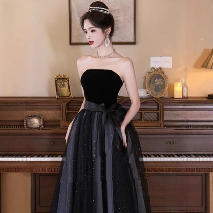 2025 tube top evening dress women's light luxury dress looks thin and beautiful, annual art exam black long style, high texture small man
