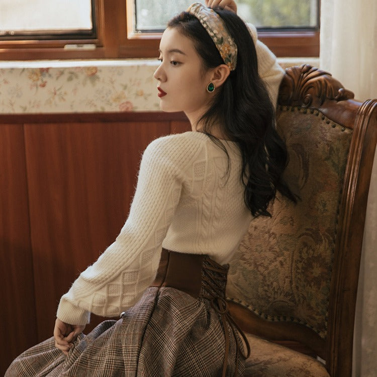 maoxiangshop 2000s fashion Autumn and Winter New Twist Square Collar Long Sleeve Thick Sweater + Lace Plaid Woolen Skirt Two-Piece Set