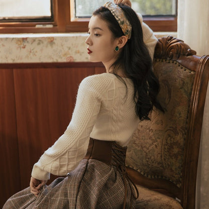maoxiangshop 2000s fashion Autumn and Winter New Twist Square Collar Long Sleeve Thick Sweater + Lace Plaid Woolen Skirt Two-Piece Set