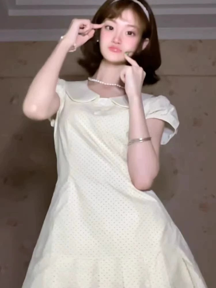 Pure first love small white dress women small summer  white polka dot dress sweet waist pleated skirt