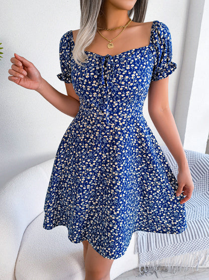 maoxiangshop Summer Floral Print Dress Women Ruffle Square Collar Back Lace-up Sundress Boho A Line Beach Party Dress