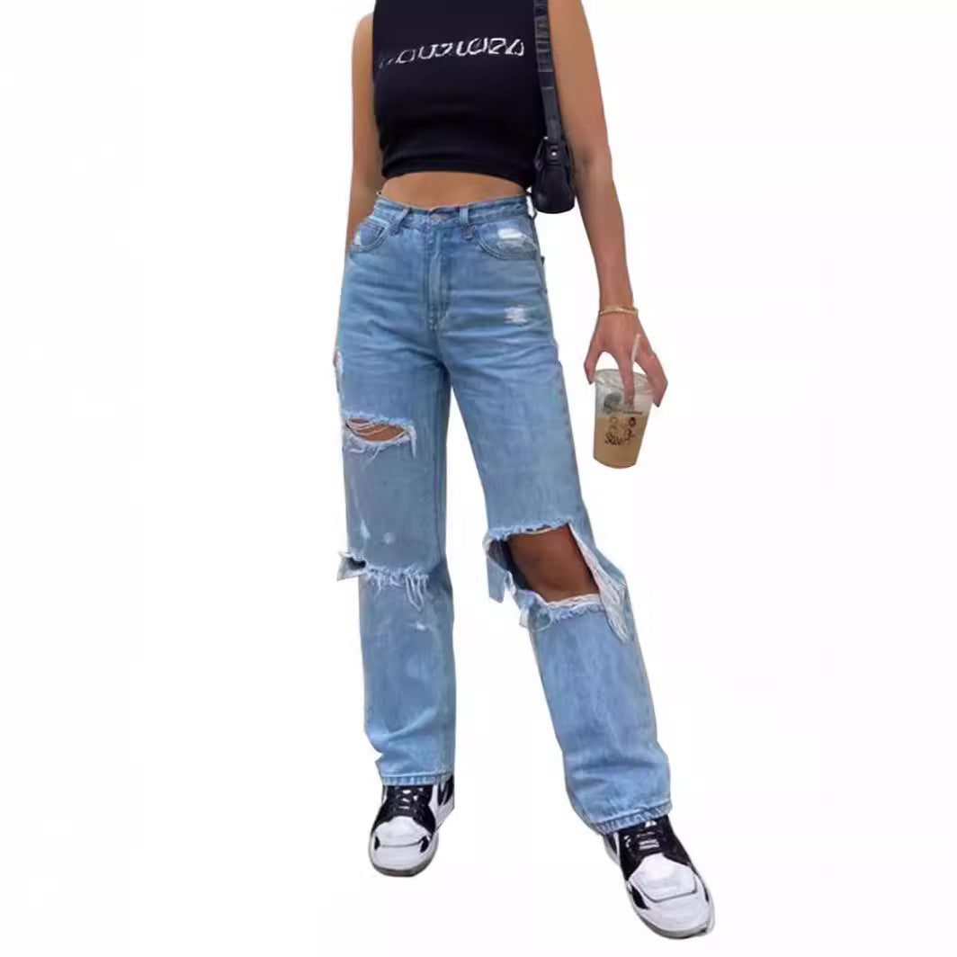 maoxiangshop-shop outfit inspo Women's Ripped Wide-Leg Thin Jeans