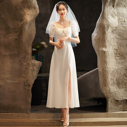 2025 Small white evening dress dress female banquet socialite light temperament engagement dress registration usually wear satin women