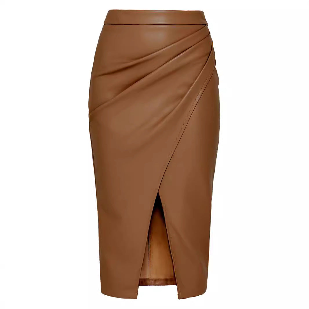 maoxiangshop-shop fall fashion outfits Women's Pu Split Skirt Autumn and Winter High Waist Zipper Pleated Leather Skirt Sexy Hip Skirt