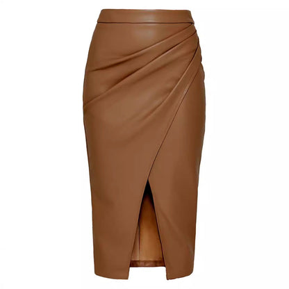 maoxiangshop-shop fall fashion outfits Women's Pu Split Skirt Autumn and Winter High Waist Zipper Pleated Leather Skirt Sexy Hip Skirt