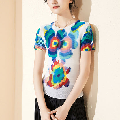 2025 Hot Sale Short Sleeve Women's T-Shirt Crew Neck Printed Pullover Slim Fit Elastic Vacation Versatile Top Hot Summer