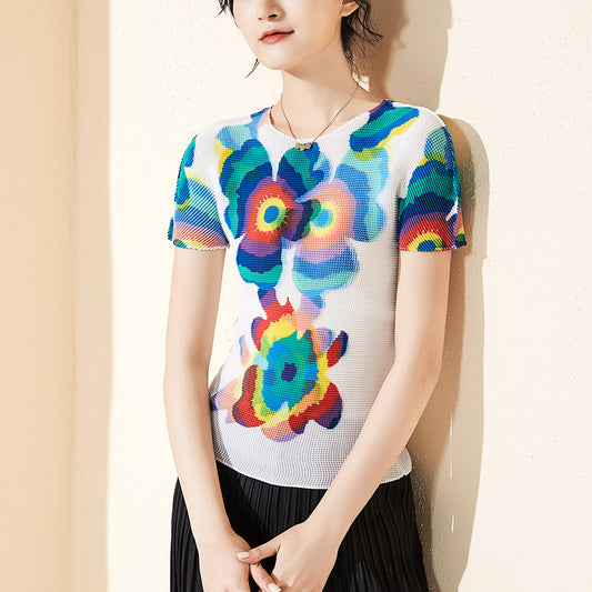 2025 Hot Sale Short Sleeve Women's T-Shirt Crew Neck Printed Pullover Slim Fit Elastic Vacation Versatile Top Hot Summer