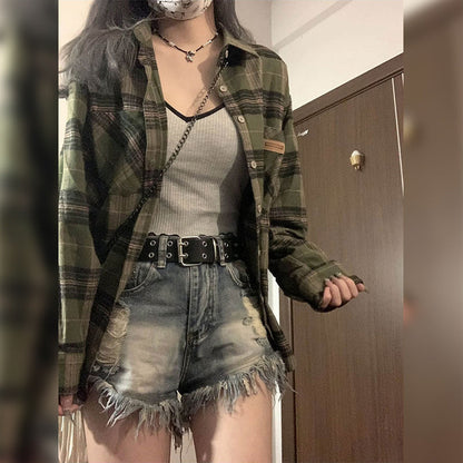 maoxiangshop grunge outfits Retro Green Plaid Shirt Coat for Women Spring and Autumn 2024 New Small Loose Slimming Shirt Top