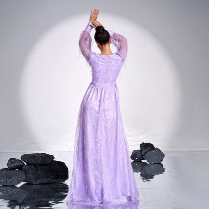 2025 high-end long-sleeved temperament V-neck sexy sequined banquet big swing evening dress bridesmaid dress dress women
