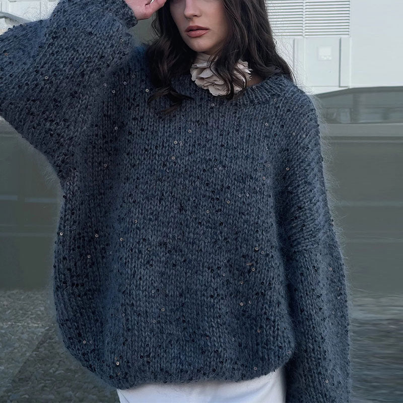 MAOXIANGSHOP 2025 Fashion sequined mohair sweater 2023  New new product loose round neck lantern sleeve pullover knitted sweater