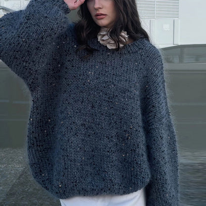 MAOXIANGSHOP 2025 Fashion sequined mohair sweater 2023  New new product loose round neck lantern sleeve pullover knitted sweater