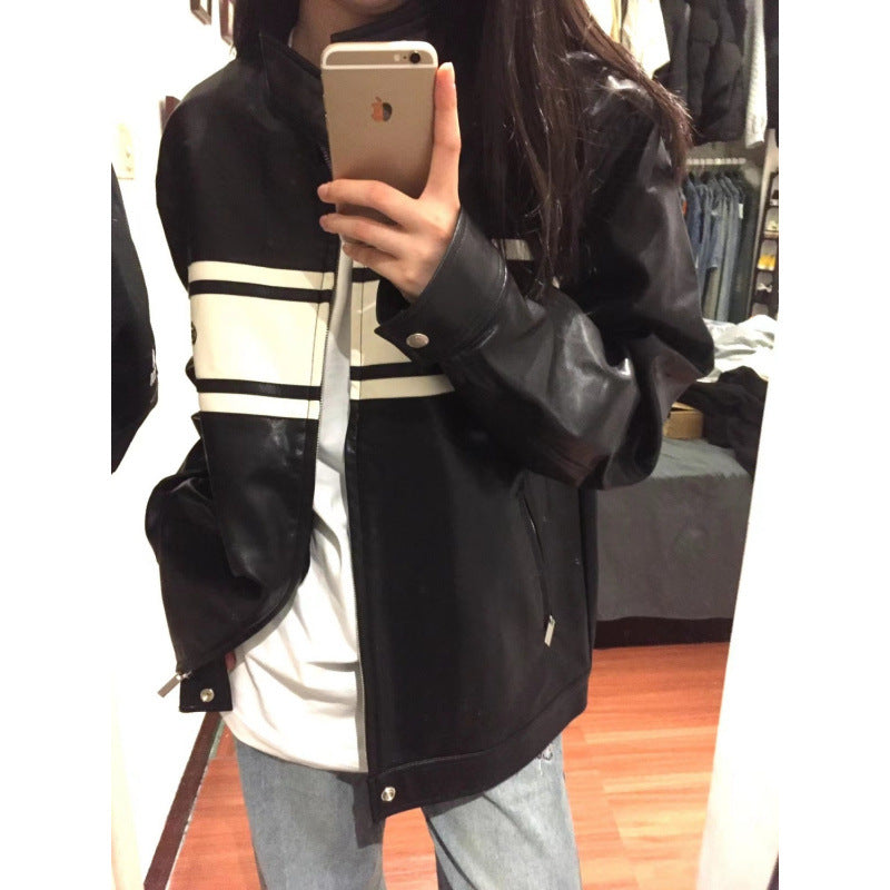 maoxiangshop going out outfits PU Leather New Slim Stand Collar Retro Contrast Color Stitching Zipper Autumn Coat Men's and Women's Motorcycle Jacket Top
