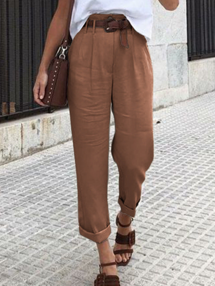 maoxiangshop outfit ideas Spring and Autumn New Women's Pants Cotton and Linen Solid Color Fashion Daily Side Pocket Button Straight High Waist Casual Trousers