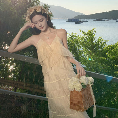 2025 travel photo ruffle leaf edge suspender dress female summer super fairy design seaside vacation cake long skirt