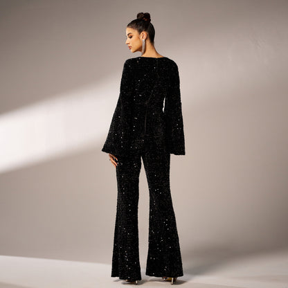 2025 women's clothing Middle East new high-end long-sleeved square collar slim-fit hip-wrapped banquet sequined evening dress jumpsuit