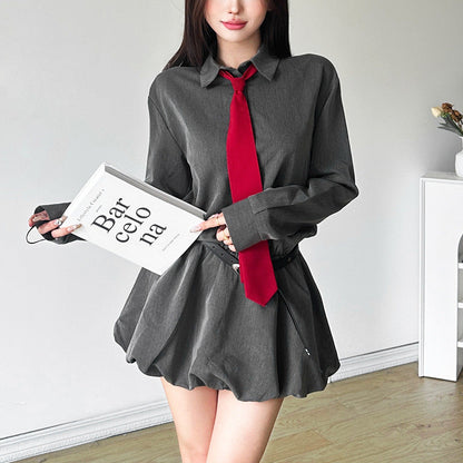 maoxiangshop group halloween costumes Style 2024 Autumn New Women's Clothing Solid Color Slim High Waist Street Fashion Lapel Long Sleeve Dress