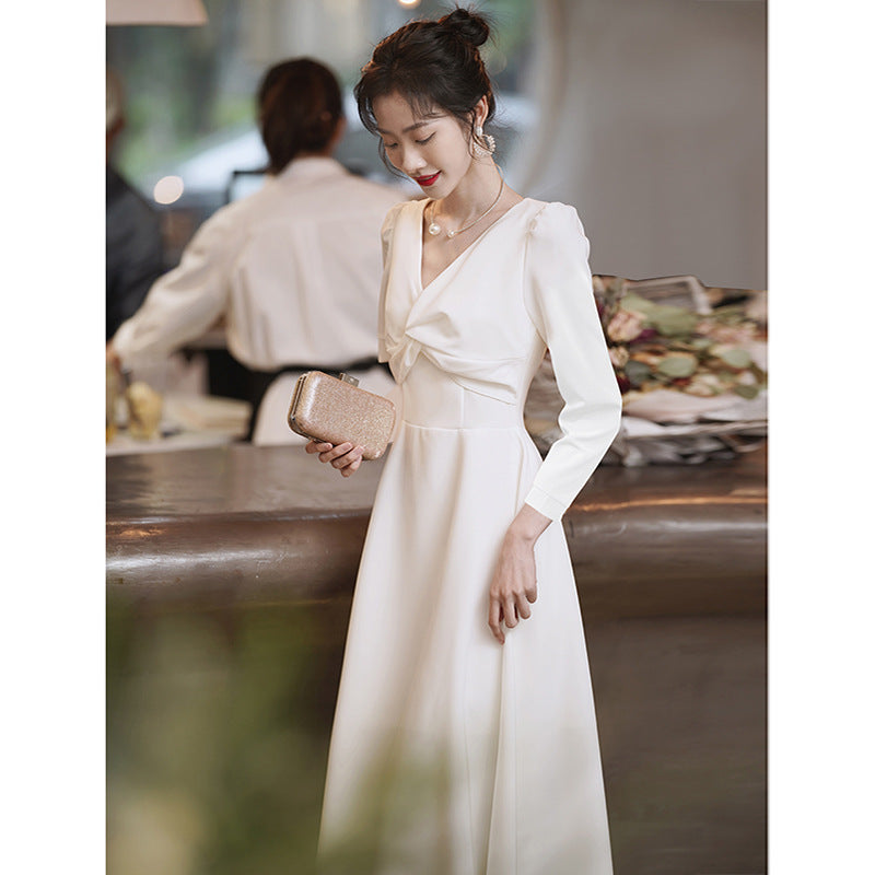 2025 White dress can usually wear  registration certificate small white dress banquet engagement dress women's evening dress dress