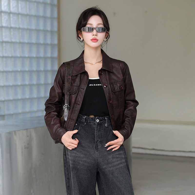 maoxiangshop y2k outfits Fall 2024 New Simple and Capable Slim Fit Slimming Regular Sleeve Versatile PU Leather Coat Retro Maillard
