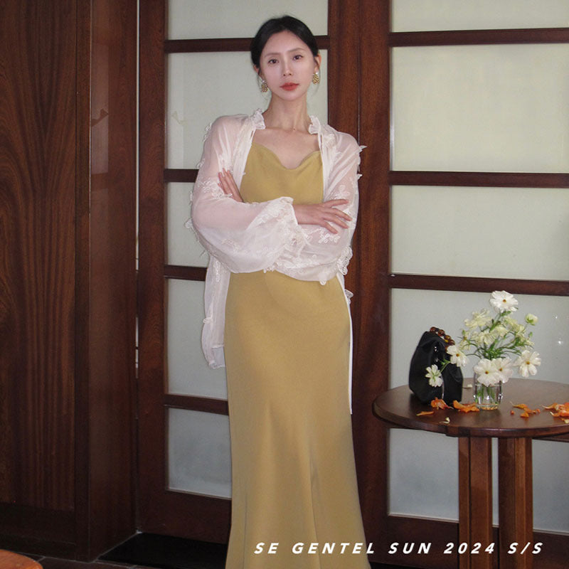 2025 popular spring and summer new Korean version high waist elegant suspender dress swing collar solid color pure desire skirt 8658