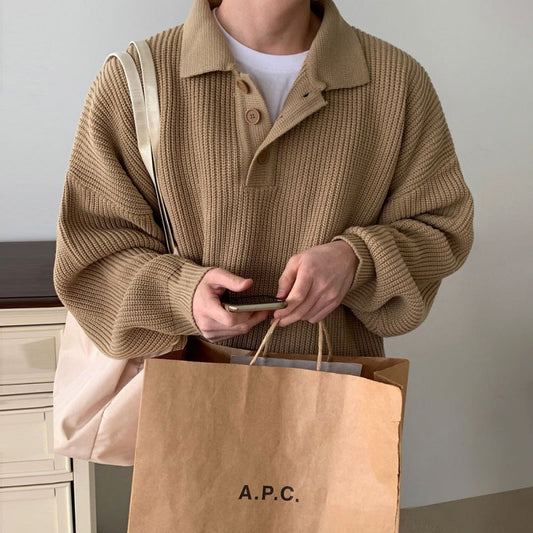 maoxiangshop-shop men winter outfits All-Match Polo Collar Long-Sleeved Sweater Men's Autumn New Korean Style Loose Lapel Sweater Top