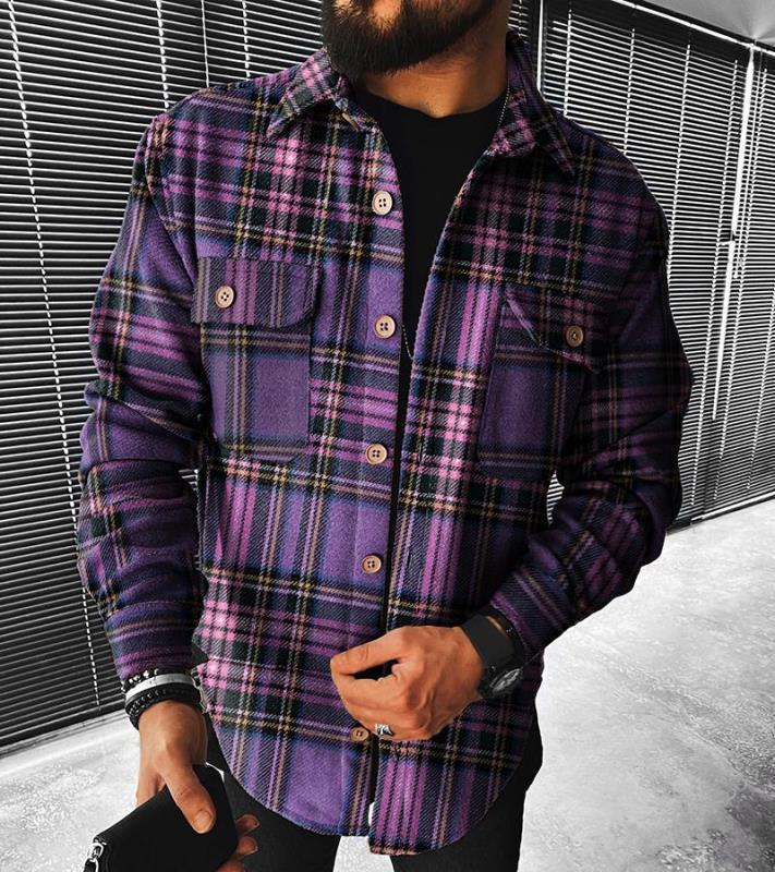 maoxiangshop Mens Sweater New Spring and Autumn New Long-Sleeved Plaid Long-Sleeved Shirt Casual Stand Collar Pocket Shirt for Men