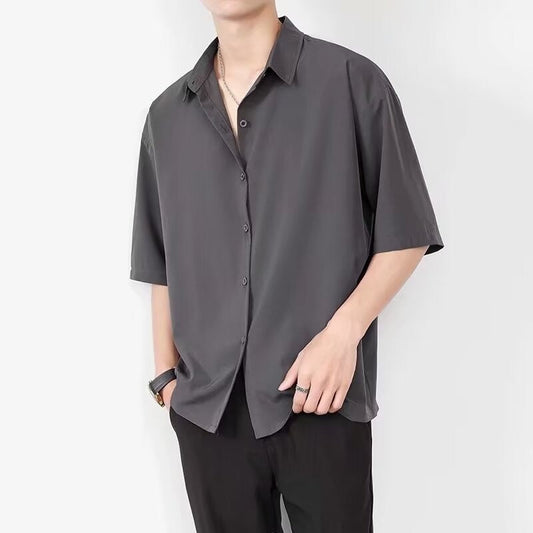 maoxiangshop-shop guy outfits Ice Silk Shirt Men's Short-Sleeved Summer Fashion Brand Men's Casual Jacket High-Grade Ruan Handsome Half-Sleeve Black Shirt