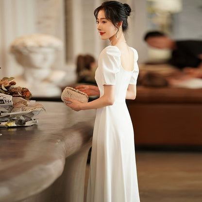 2025 Small white evening dress dress female banquet socialite light temperament engagement dress registration usually wear satin women