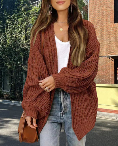 maoxiangshop-shop fall fashion Women's 2024 New Fashion Lantern Sleeve Sweater Women's Coat Thick Wool Pocket Knitted Cardigan