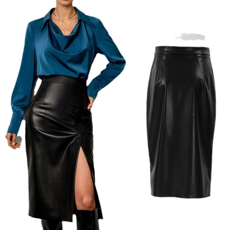 maoxiangshop-shop work outfits women 2024 Spring and Autumn New Women's Leather Skirt Casual Split High Waist Skirt Hot Selling