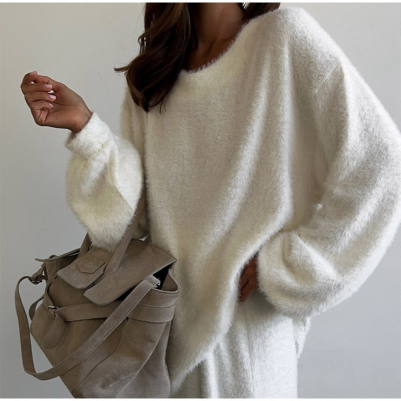 MAOXIANGSHOP 2025 Solid color jumper skirt set  New new v-neck knitted lazy eye-catching long-sleeved skirt set