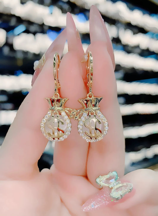 Design Sense Opal Lucky Bag Earrings Women's Korean Temperament Versatile Earrings Premium Sense Light Luxury Earrings Money Bag Earrings