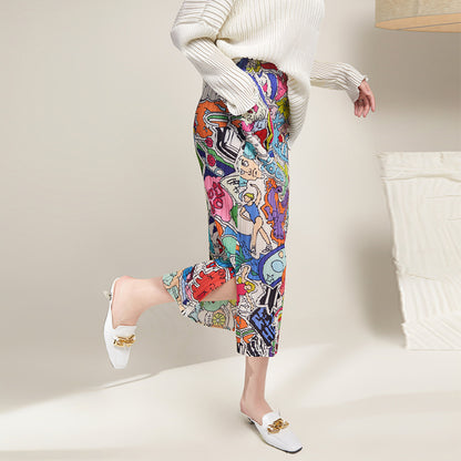 Folded Japanese printed skirt skirt women's wholesale temperament long small split style one-step skirt