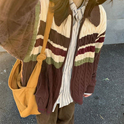 maoxiangshop-shop college outfits Soft Glutinous Vintage Twist Striped Zipper Sweater Cardigan Women's Autumn Loose Long Sleeve Lapel Sweater Coat