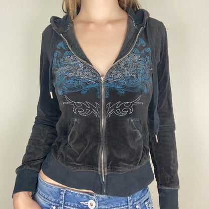 maoxiangshop 2000s fashion Women's Wish Autumn and Winter New Printed Rhinestone Zipper Hooded Sweater